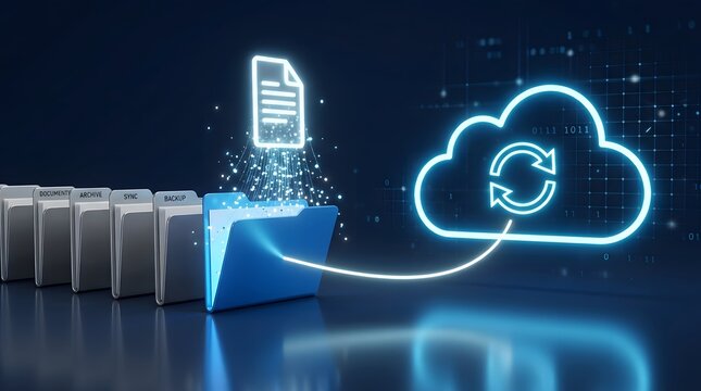 Cloud computing and data management concept with digital files, folders, sync, and backup