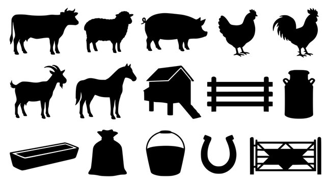 Farm Animals and Livestock Equipment Black Silhouette Vector Set