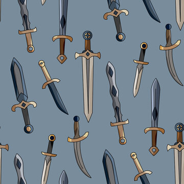 Medieval swords and daggers on dusty blue seamless pattern