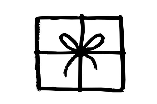 Gift box wrapped with ribbon and bow isolated hand-drawn object. Black doodle style sketch. Simple isolated birthday gift.