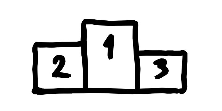 Winner podium. Black doodle style hand drawn object. Simple isolated victory podium outline.