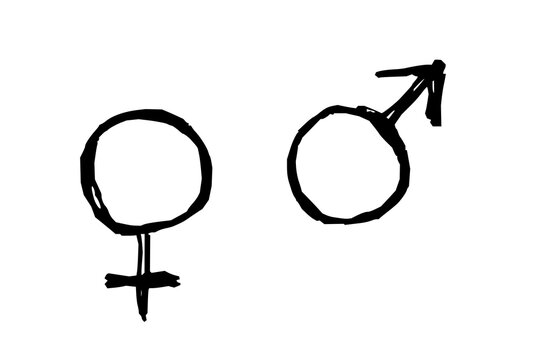 Male and female gender symbols drawing sketch. Black doodle style hand drawn object. Simple isolated man and woman symbols.