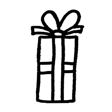 Gift box wrapped with ribbon and bow isolated hand-drawn object. Black doodle style sketch. Simple isolated birthday gift.