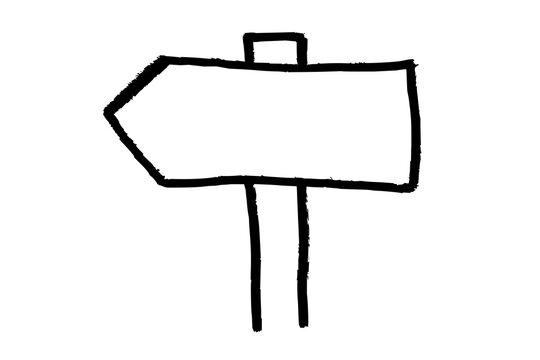 Hand-drawn direction arrow sign. Black doodle style freehand drawn object. Simple isolated outline of signboard.