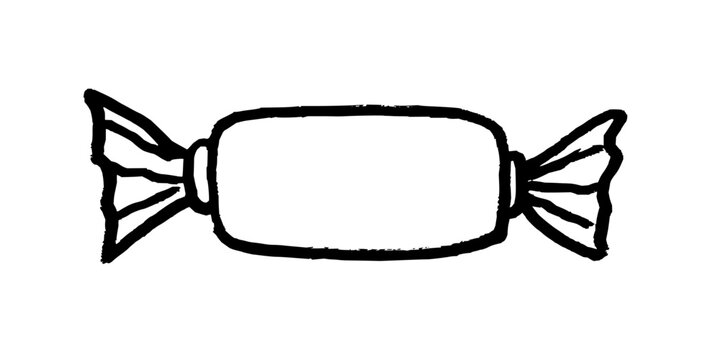 Candy in wrapper freehand drawing sketch. Black doodle style hand drawn object. Simple isolated candy.