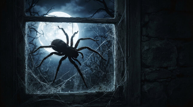 A giant spider crawls across a dusty window pane illuminated by a glowing full moon behind dark skeletal trees on a spooky night