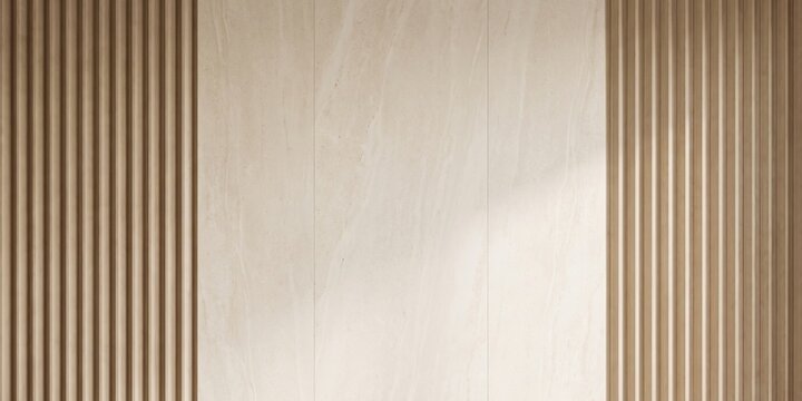 modern interior feature wall with vertical fluted wood slats framing a central polished cream marble slab. minimalist luxury architectural design with clean lines.

