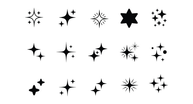 Sparkle star icons set, collection of hand drawn glitter and shine symbols for graphic design projects