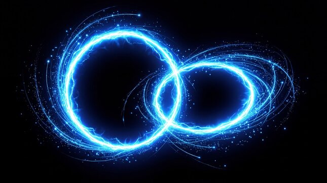 Two interlocking glowing blue light rings with particle effects on black background.