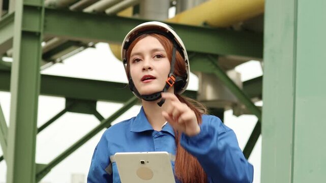 Female petrochemical engineer with helmet in safety uniform works at petroleum gas refinery plant. Beautiful woman industrial worker checking data on tablet and counting near pipeline site at factory.