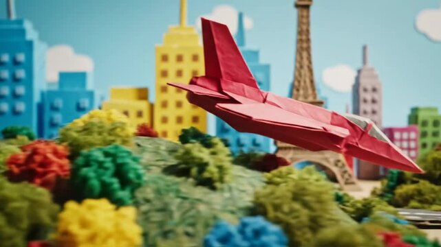 Creative paper origami red jet flies over papercraft city with Eiffel Tower, miniature travel, and landscape scene