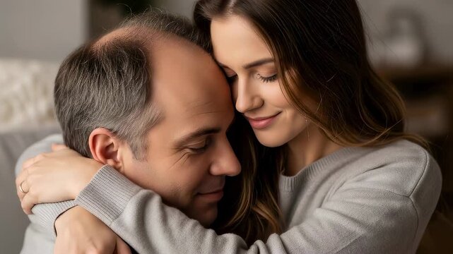Woman hugging man with receding hairline, showing affection and care for baldness and hair loss in a couple.