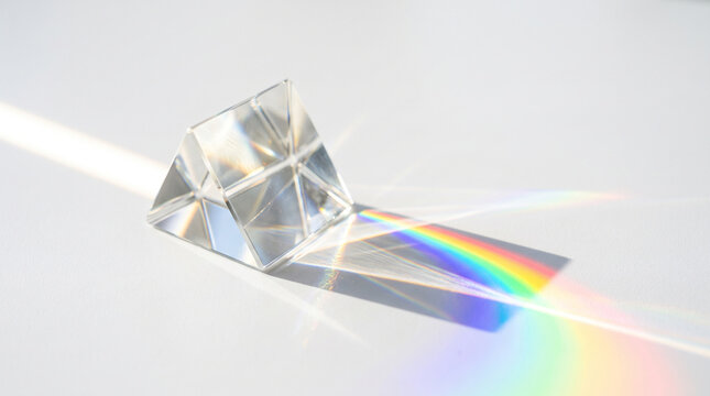 Glass triangular prism refracting white light into a spectrum rainbow on a white surface