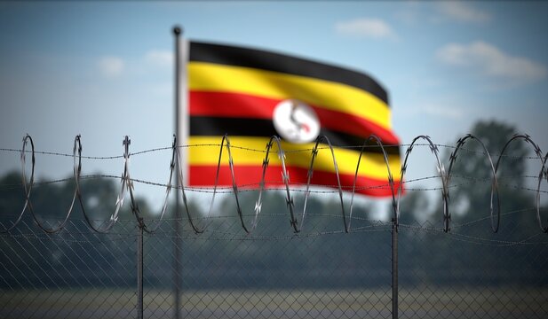 Uganda - Flag and Barbed Wire Fence - 3D illustration