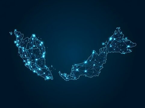 Digital map of malaysia with glowing network lines and nodes