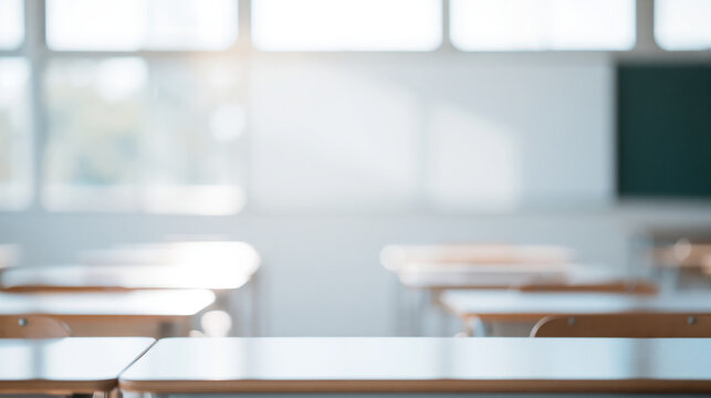 Empty classroom school education learning desk window sunlight blur interior nobody Quiet empty classroom with school desk soft sunlight, bright learning interior with blur background windows