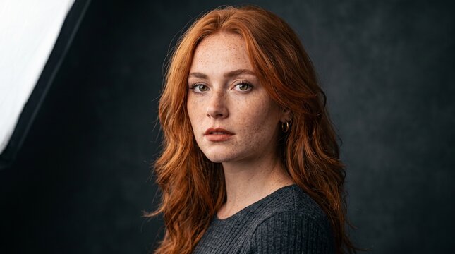 Portrait of a beautiful young woman with red hair and freckles looking at the camera.