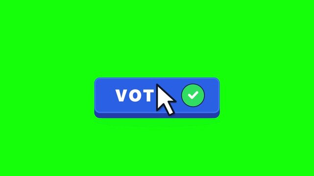 Clean 3D flat design motion graphic of a classic computer mouse arrow cursor pressing a blue vote button