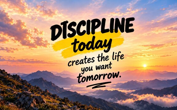 Powerful discipline quote over a dramatic mountain sunrise, highlighting how today's consistent effort can shape a stronger and more successful tomorrow.