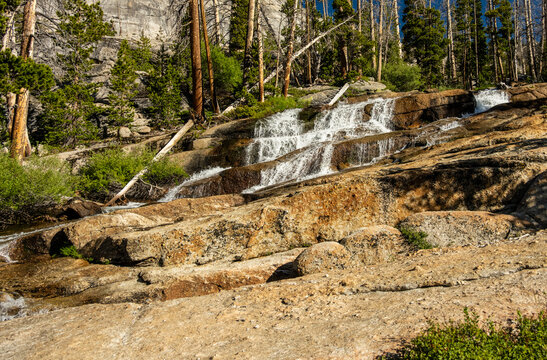 Fletcher Creek Tubles Over Rocks Toward Sugarloaf Dome and Merced Lake