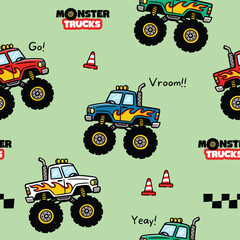 Cartoon Monster Truck Seamless Pattern Background 13 3D Cartoon Monster Truck Elements Set © atap