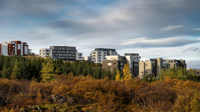 View of a modern residential complex nestled among autumn-colored trees and shrubs in Iceland.
