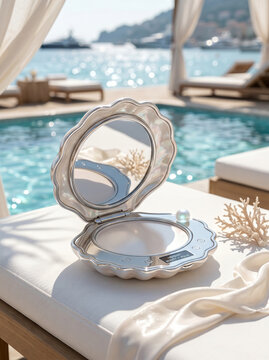 Open pearl seashell compact mirror powder case on lounge chair by infinity pool with sea view, luxury beauty product