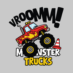 Red Monster Truck with Flames and Traffic Cone Cartoon Illustration   © atap