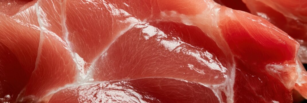 Close up of raw marbled meat with streaks of fat and a glistening texture