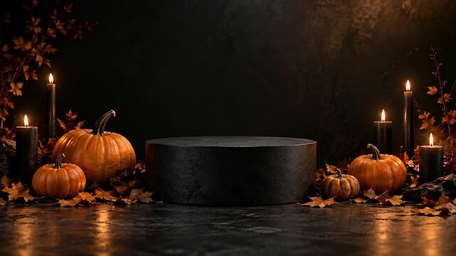Luxury Halloween product display with an empty black podium, pumpkins, autumn leaves and flickering candles, designed for seamless repetition and seasonal advertising.