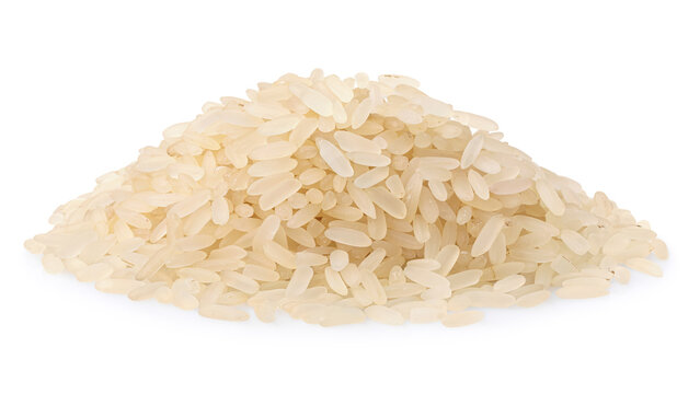 Pile of dry parboiled white rice grains isolated on white background, close-up, product photography