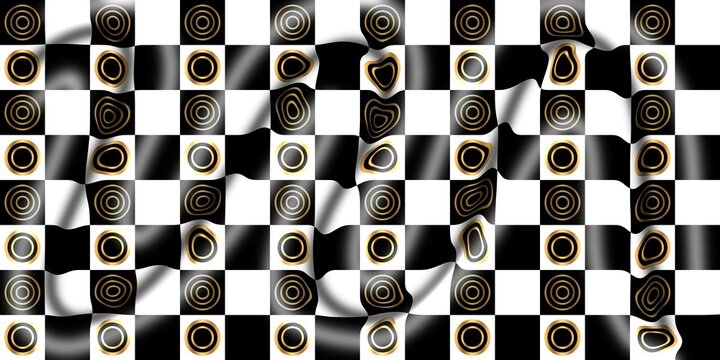 Abstract black and white checkered grid background with optical warp illusion and concentric circles