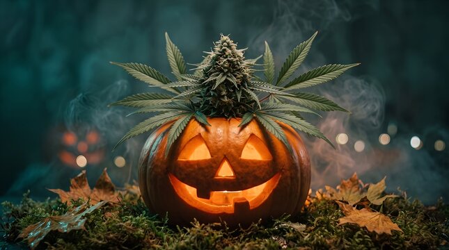 A carved jack o lantern pumpkin with a cannabis plant bud growing out of the top with pumpkin glowing face bud leaves sprouting