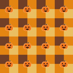 Obraz premium Halloween seamless pattern, jack o lantern pumpkin on orange and brown plaid tartan background.