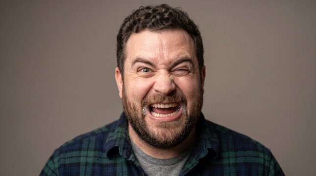Portrait of a bearded man winking and laughing at the camera.
