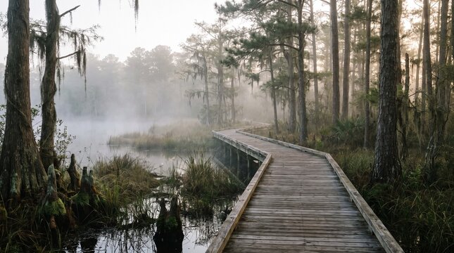 Wooden boardwalk path through a misty swamp forest at sunrise