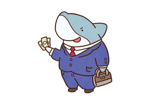 Shark in a suit holding bills with a fearless smile, business shark idiom or greedy corporate executive concept