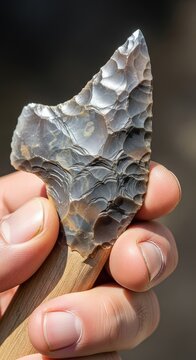 Detailed macro view of a sharp flint hand axe being held and inspected for sharpness, reflecting early hominid tool use and ancient skills, evolutionary, cutting, rock