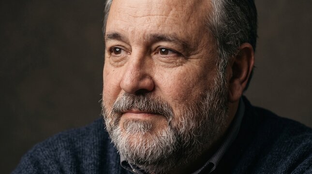 Portrait of a mature man with a gray beard looking away thoughtfully.