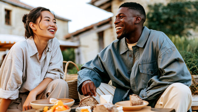 Culinary travel experience featuring a young couple tasting artisan bread, cheese and seasonal fruit outdoors, celebrating local food, regional culture and relaxed slow travel.