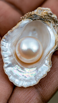 Luminous pearl nestled inside an open oyster shell resting in a palm, revealing iridescent nacre, pearlescent reflections and refined ocean mineral texture in luxurious macro detail.