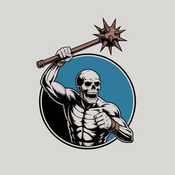 Muscular skeleton holding spiked club.