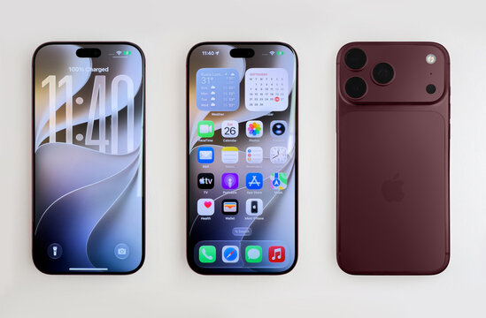 Kuala Lumpur, Malaysia - September 26, 2026: Apple iPhone 18 pro showing locked screen, home screen and back side of the phone