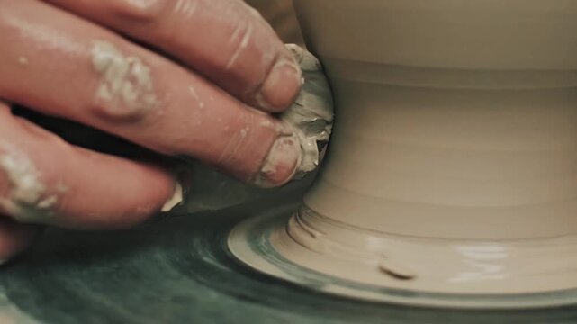 Close-up View of an Artist's Hands Shaping Wet Clay on a Spinning Pottery Wheel, Creating a Handcrafted Ceramic Vessel in a Studio Workshop