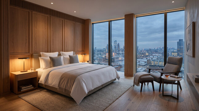 Modern luxury hotel suite with city skyline view and minimalist