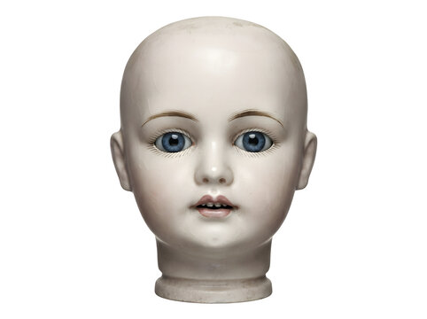 Vintage porcelain baby doll head with painted blue eyes and rosy cheeks on a plain background.