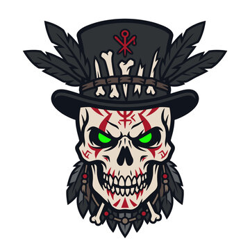 Stylized dark fantasy flat vector icon of a sinister voodoo bokor wearing a painted skull mask and feathered top hat.
