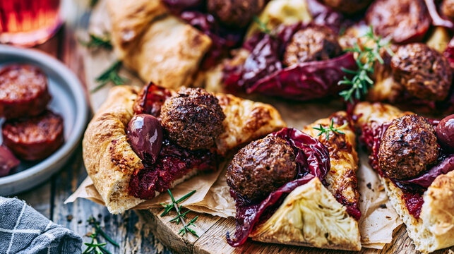 Rustic savory galette topped with meatballs and red cabbage on a wooden board