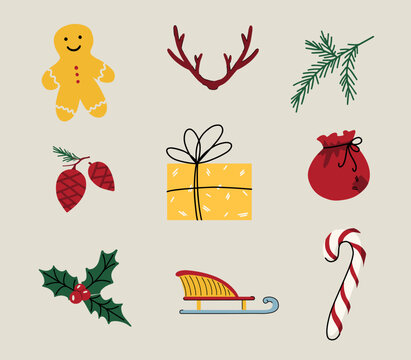 Christmas holiday icons collection vector isolated on beige background