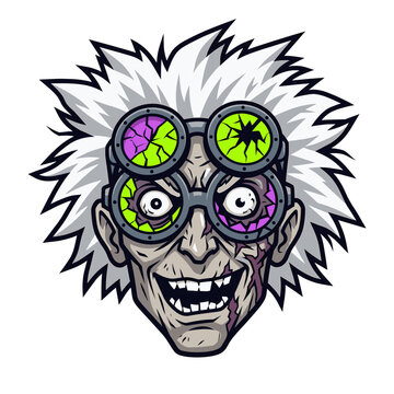 Modern dark fantasy flat vector icon of an insane mad chemist with cracked round goggles and wild spiky hair.